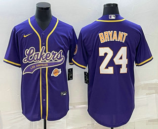Mens Los Angeles Lakers #24 Kobe Bryant Purple With Patch Cool Base Stitched Baseball Jerseys